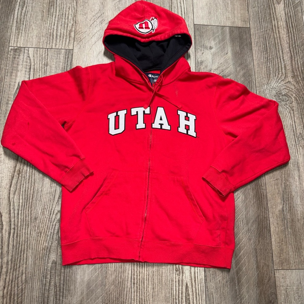 University of Utah UTES red white embroidered Zip-Up Hoodie Champion L NCAA NIL
